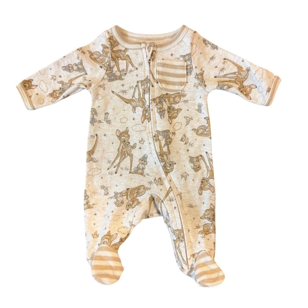 Disney Bambi Thumper‎ Preemie Sleeper Baby Neutral Cream Zip Up Pajamas 1 Piece